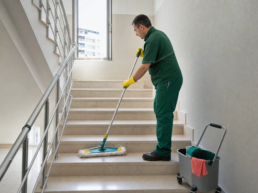 Apartman merdivenlerini paspasla temizleyen görevli
