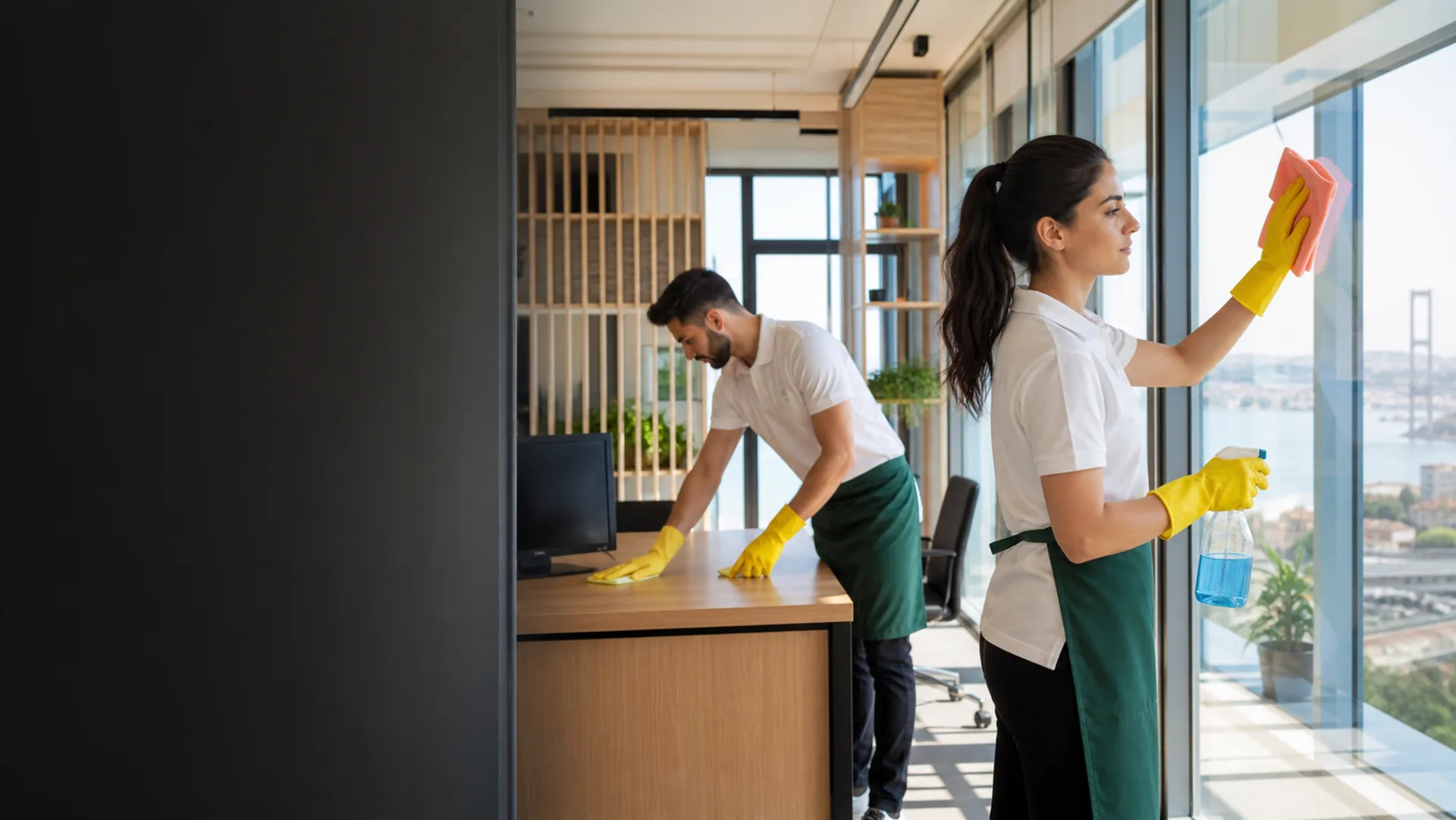 Merdora Grup profesyonel temizlik ekibi ofis temizliği yaparken